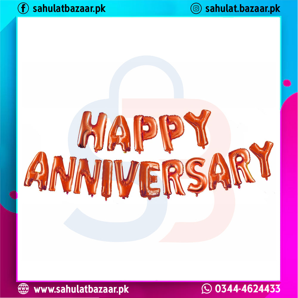 Happy Anniversary text in orange balloons on a colorful border with brand information.
