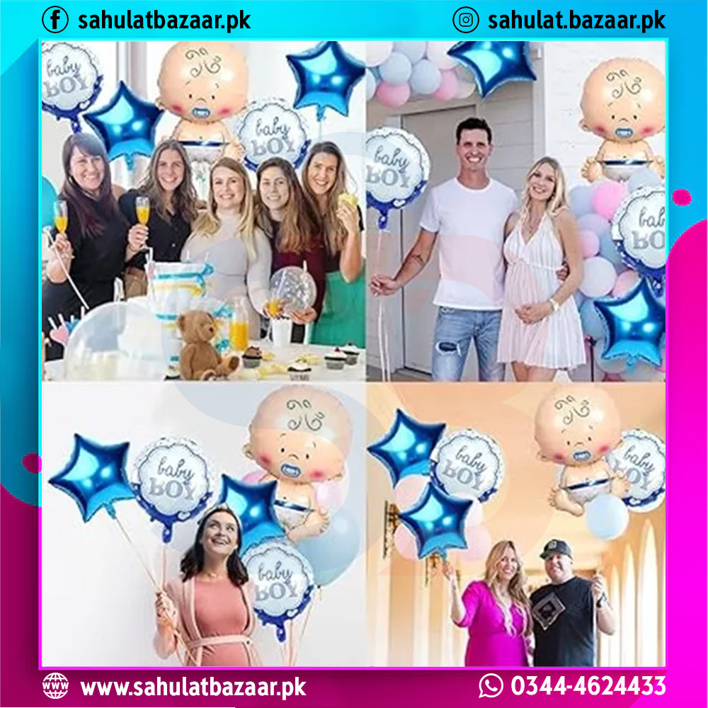 Collage of people celebrating a baby shower with 'baby boy' balloons and decorations.
