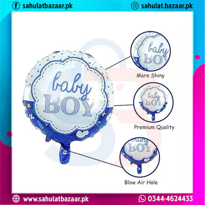 Blue and white balloon with 'baby BOY' text on a colorful border with text and contact information.