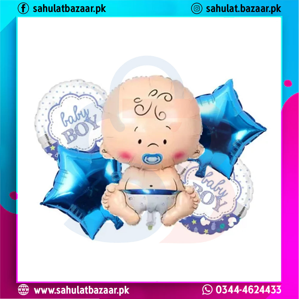 Balloon set with baby design and 'Baby Boy' text, featuring blue and white colors.