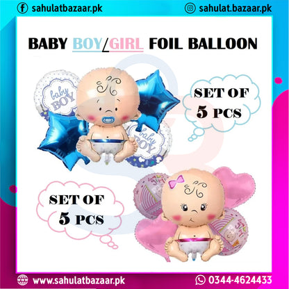 Foil balloons for baby boy and girl with text indicating set of 5 pieces on a colorful background.