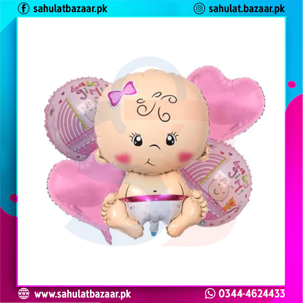 Baby-themed balloon set with pink accents and 'Girl' text, featuring a plush baby doll and heart-shaped balloons.