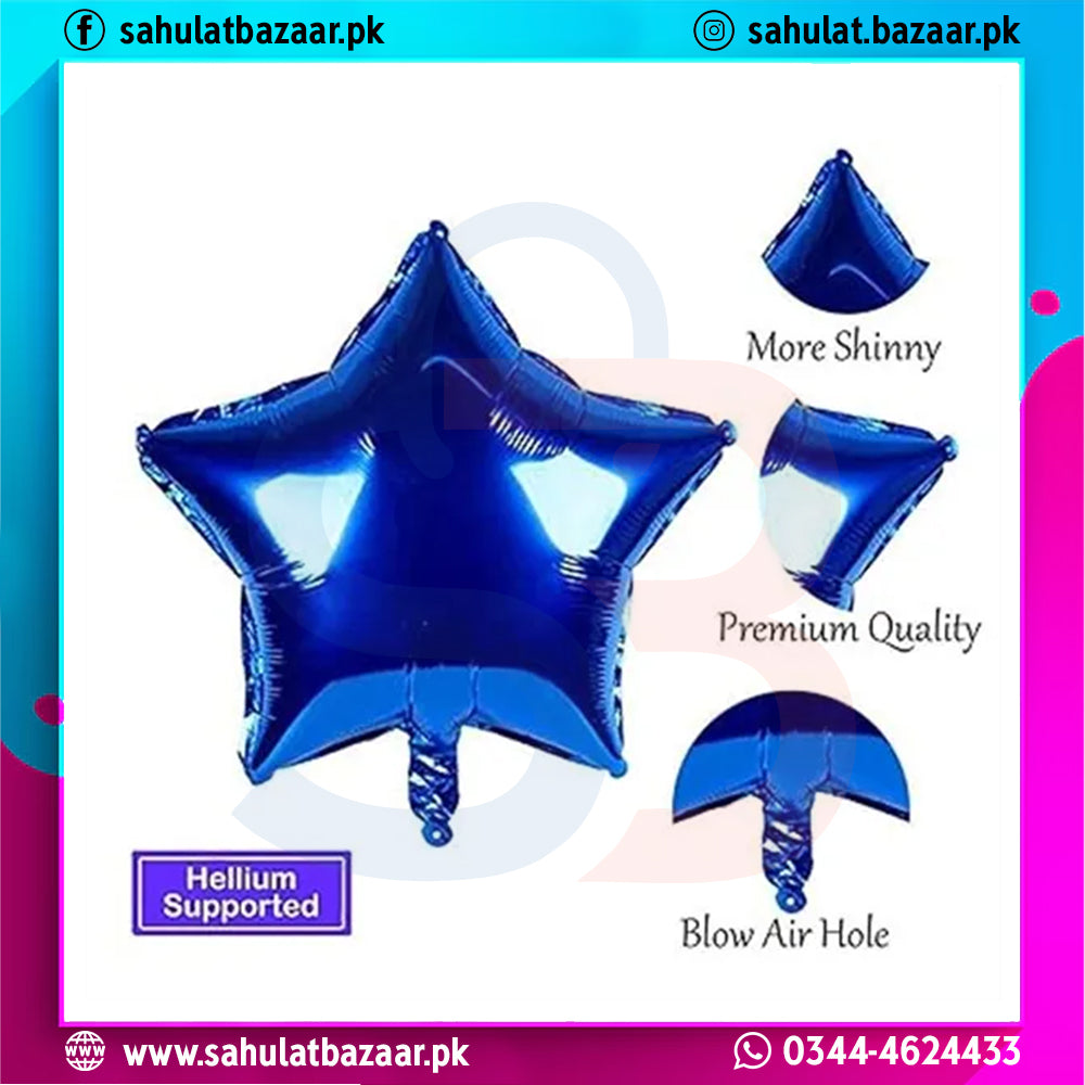 Blue star-shaped balloon with text on a colorful border