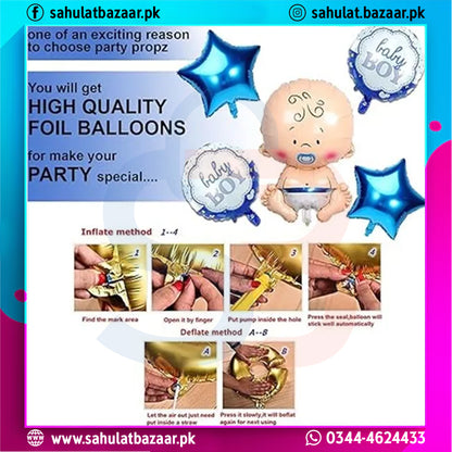 Advertisement for high-quality foil balloons with a baby-themed balloon and instructions on how to inflate them.