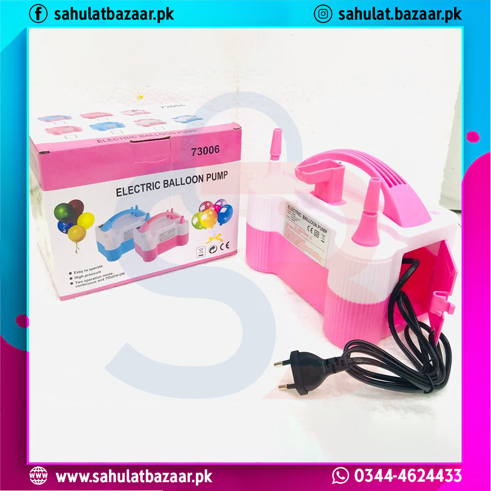 Pink electric balloon pump with packaging on a white background