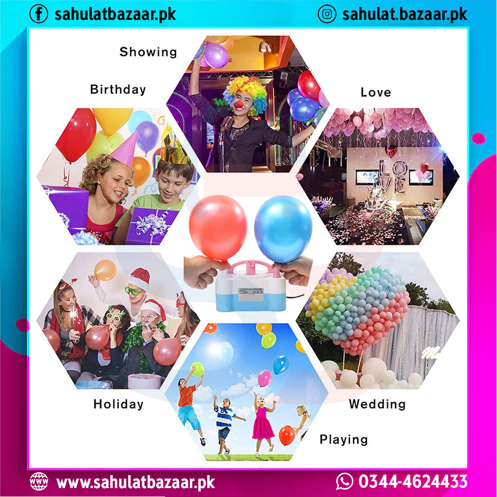 Collage of images related to celebrations with balloons and festive activities, featuring text and contact information.