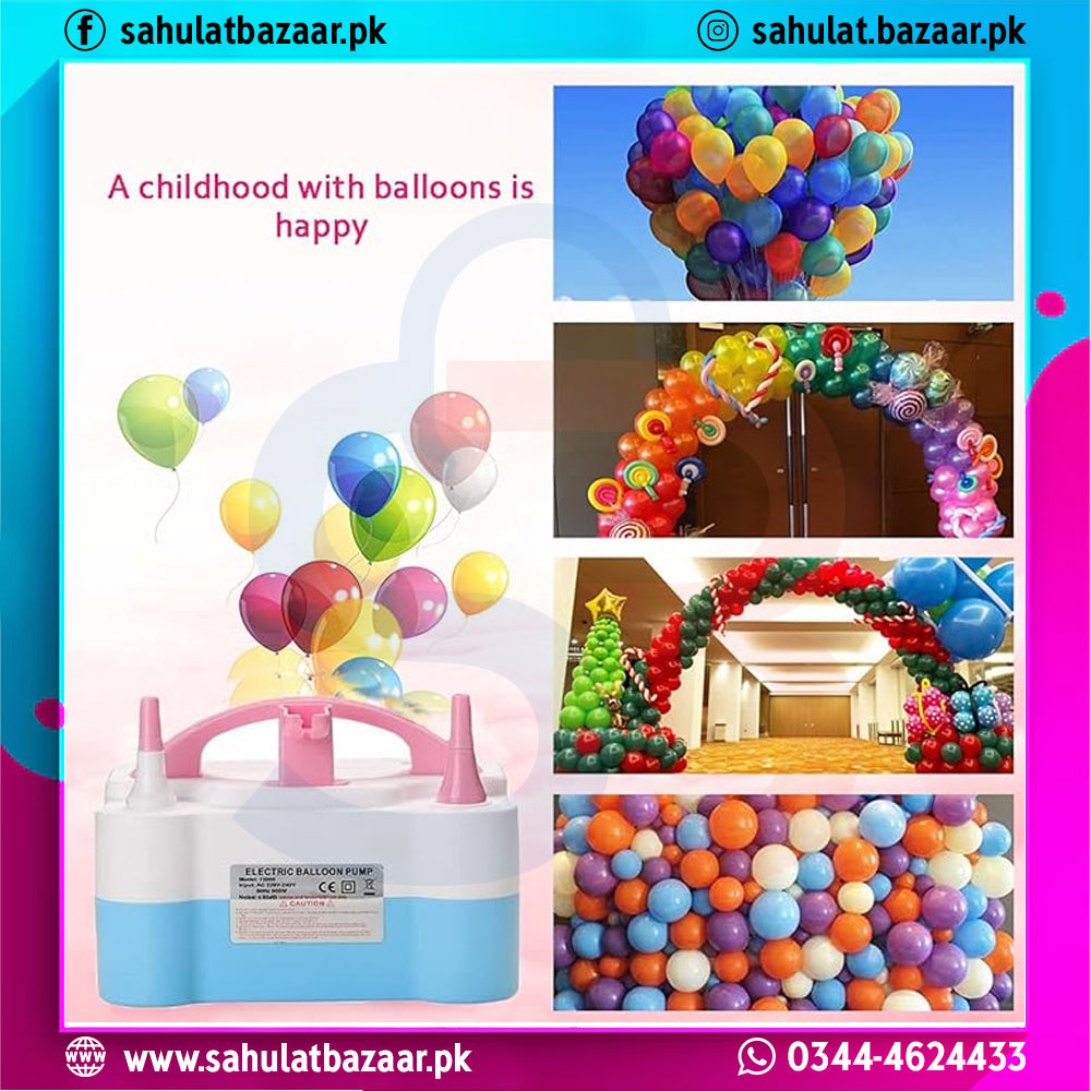 Collage of colorful balloons and balloon machines with text and contact information.