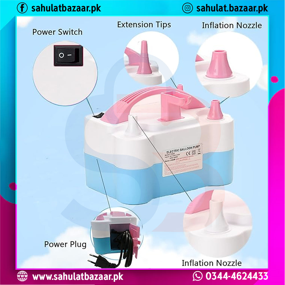 Electric balloon pump with labeled parts on a colorful background