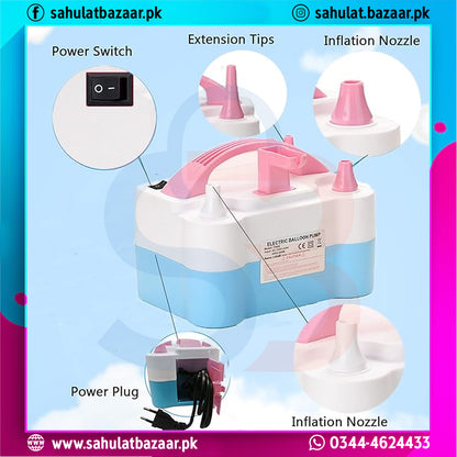 Electric balloon pump with labeled parts on a colorful background