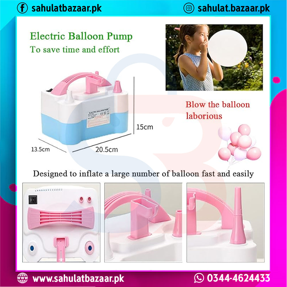 Electric balloon pump with dimensions and usage instructions, featuring a child blowing balloons.