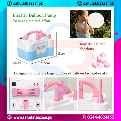 Electric balloon pump with dimensions and usage instructions, featuring a child blowing balloons.