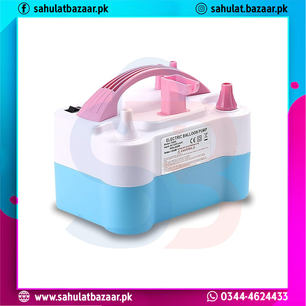 Blue and pink electric balloon pump on a white background with colorful border