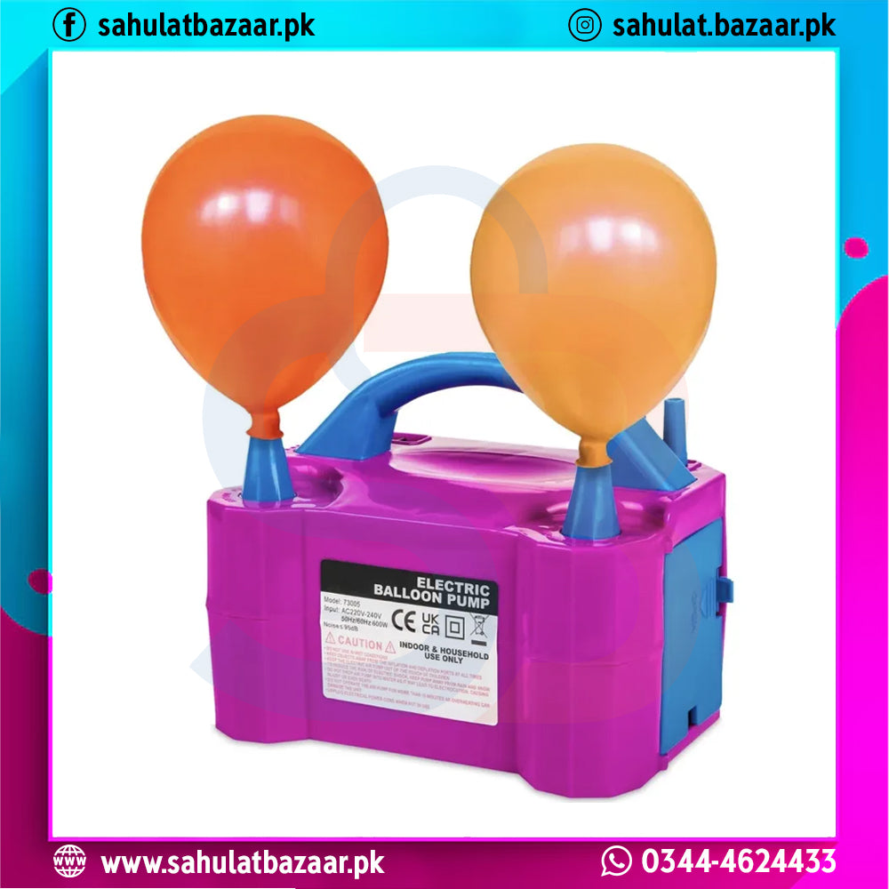 Electric balloon pump with two balloons, one orange and one yellow, on a white background.