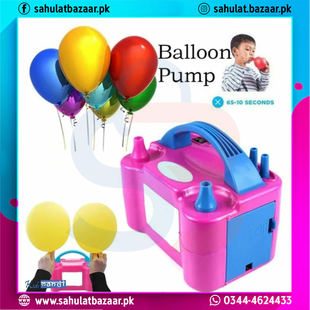 Pink and blue balloon pump with colorful balloons and a child inflating balloons, branded 'Sahulat Bazaar'.