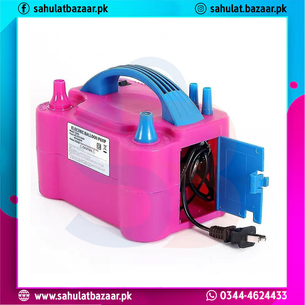 Pink and blue electric balloon pump with visible brand logo and contact information.