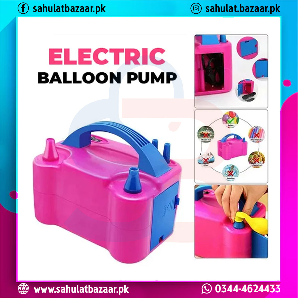 Pink and blue electric balloon pump with additional images and text on a colorful background.