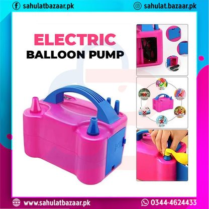 Pink and blue electric balloon pump with additional images and text on a colorful background.