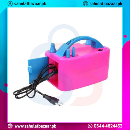Pink and blue inflatable pool pump with a cord on a white background