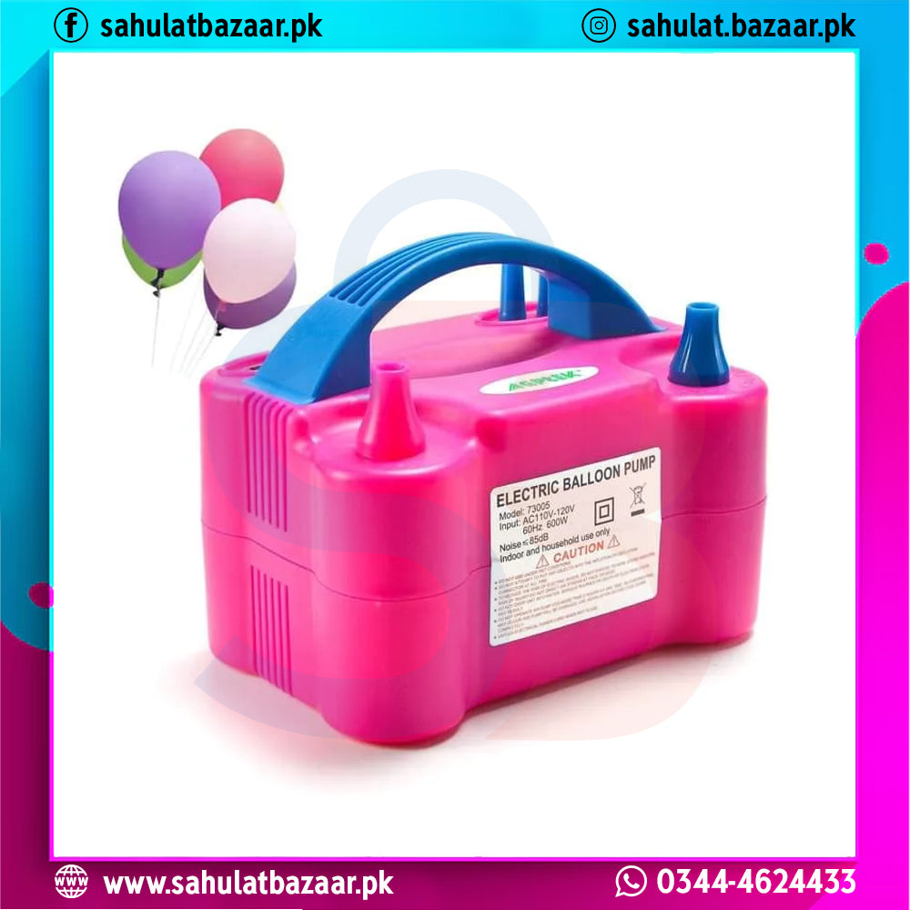 Pink electric balloon pump with colorful balloons on a white background