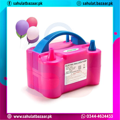 Pink electric balloon pump with colorful balloons on a white background