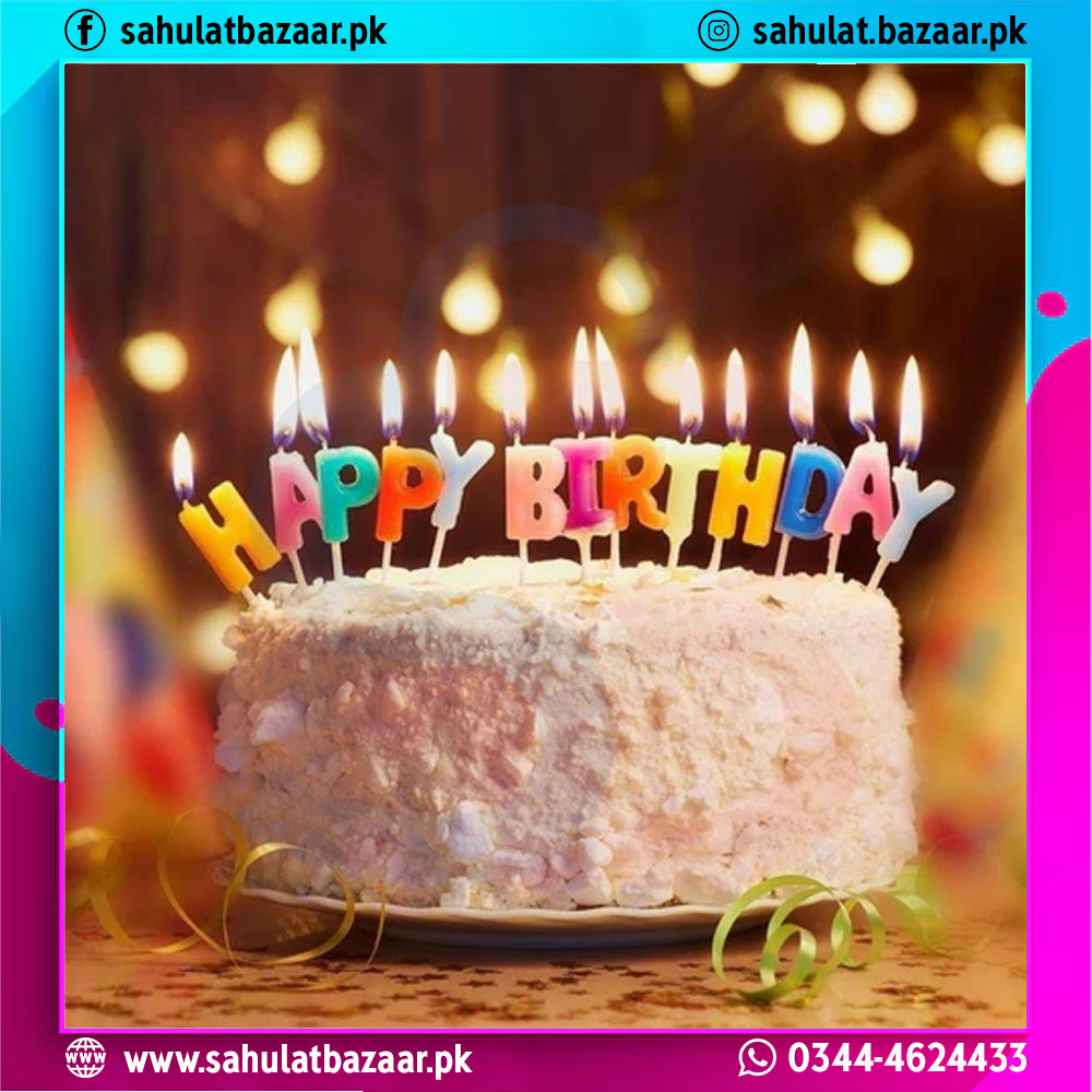 Birthday cake with lit candles spelling 'Happy Birthday' against a blurred light background.