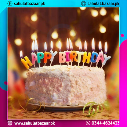Birthday cake with lit candles spelling 'Happy Birthday' against a blurred light background.