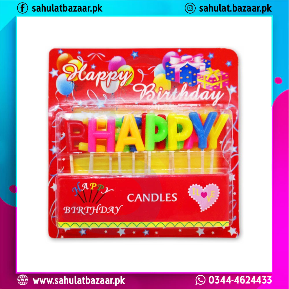 Packaged birthday candles with colorful letters on a red background
