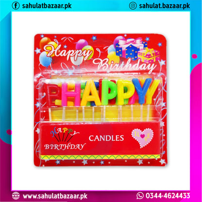 Packaged birthday candles with colorful letters on a red background