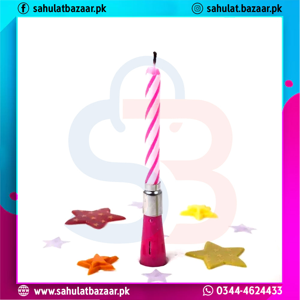Pink and white striped candle on a stand with decorative stars and hearts in the background, branded 'sahulatbazaar.pk'.