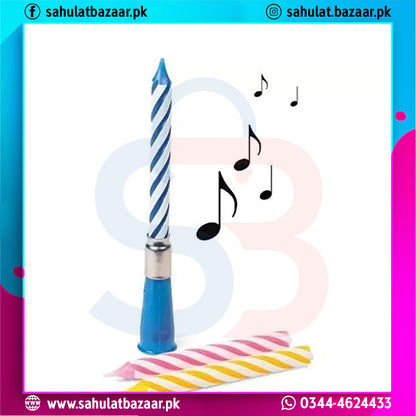 Colorful birthday candle with musical notes on a white background