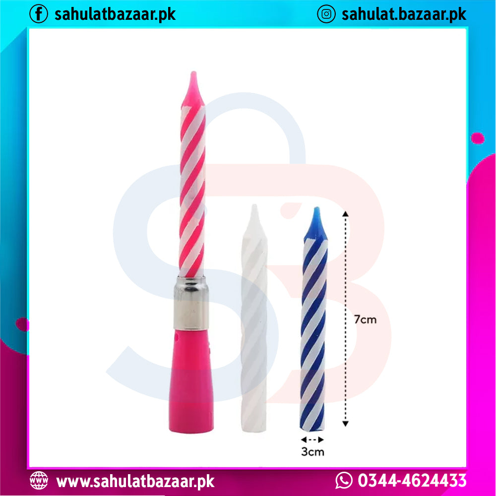 Three candles with different designs and colors on a white background, with measurements indicated.