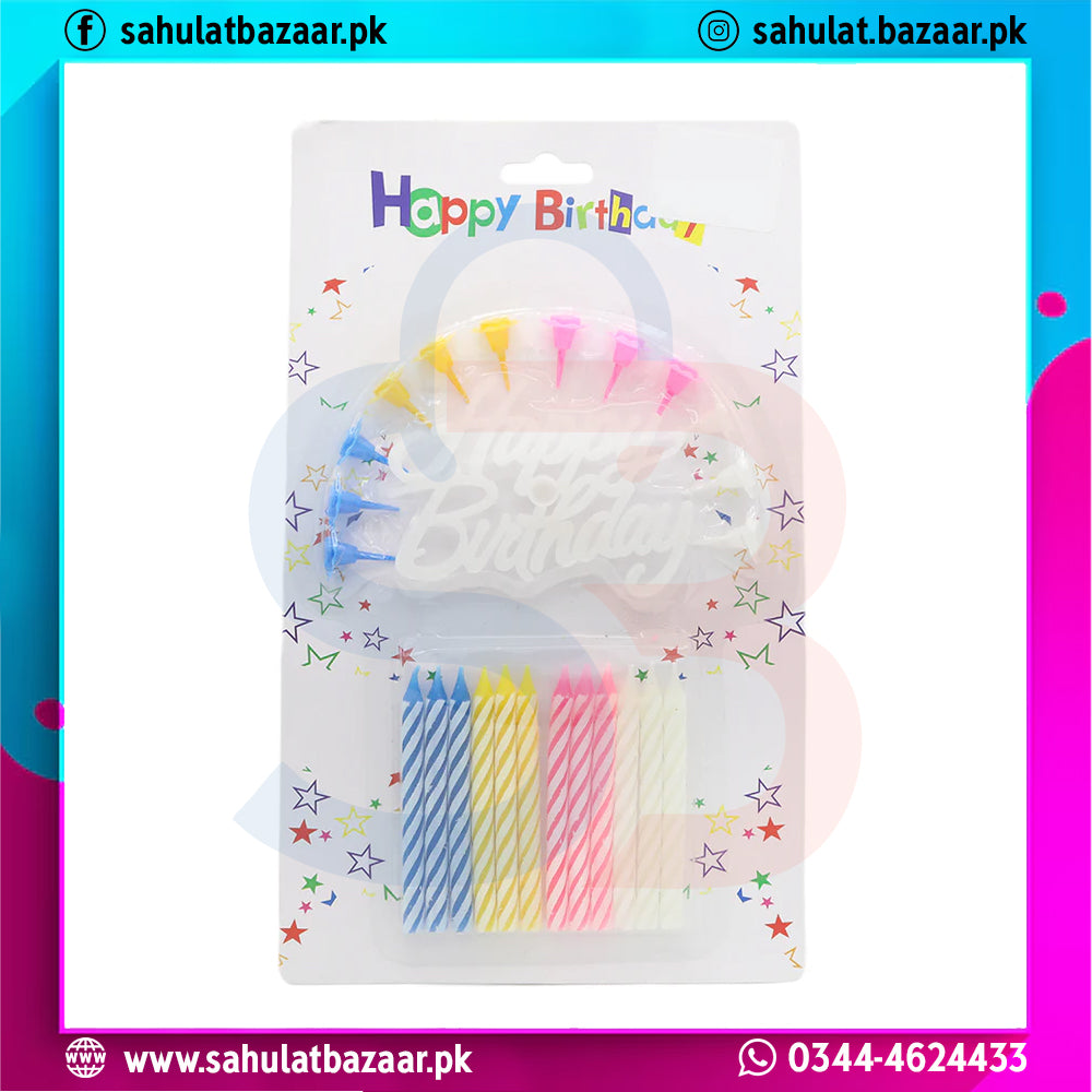 Packaged birthday candles with colorful wicks on a white background