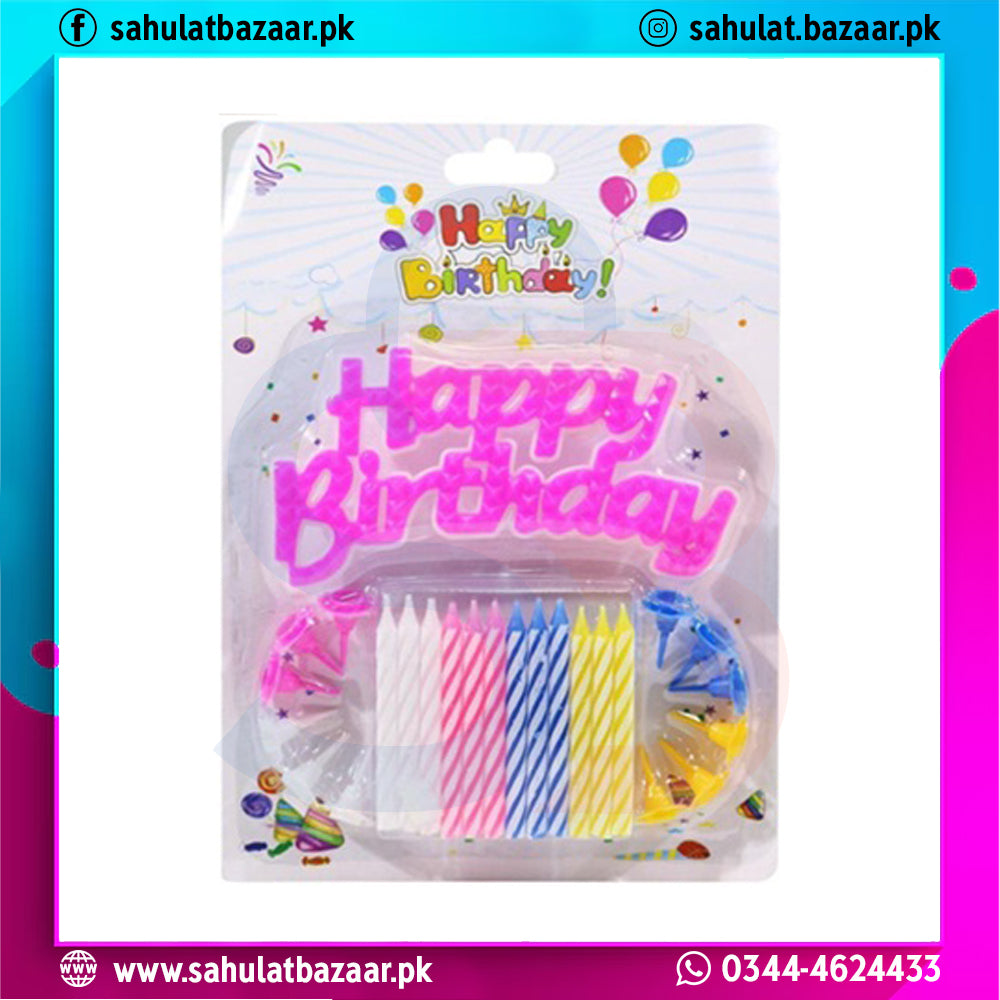 Happy Birthday candle set with colorful candles and lettering in packaging on a white background.