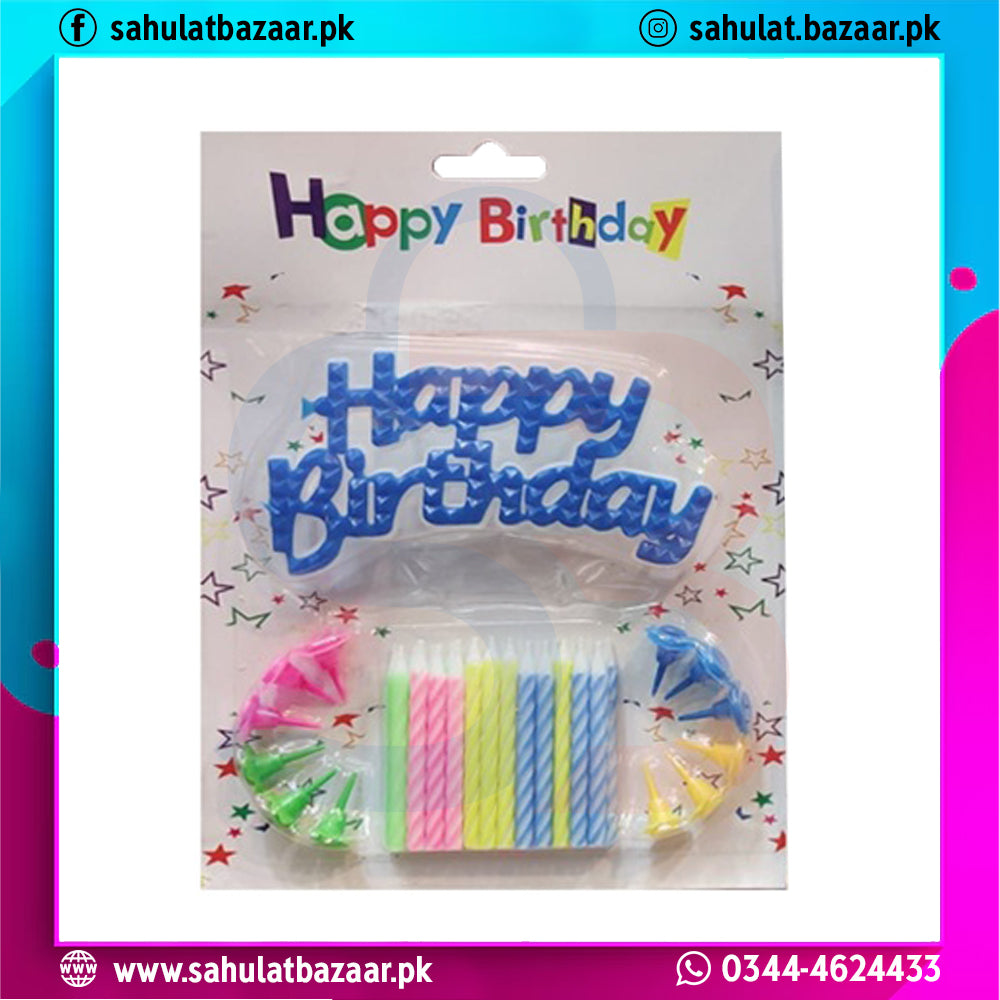 Packaged birthday candle set with colorful candles and 'Happy Birthday' text on a white background.