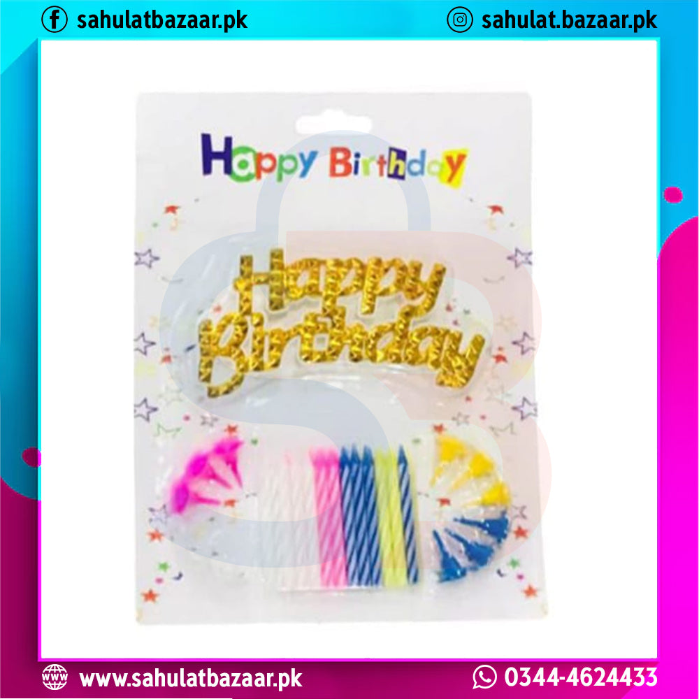 Packaged birthday candle set with colorful candles and 'Happy Birthday' text on a white background.