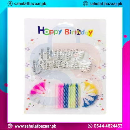 Happy Birthday package with cake, candles, and decorative elements on a colorful background.