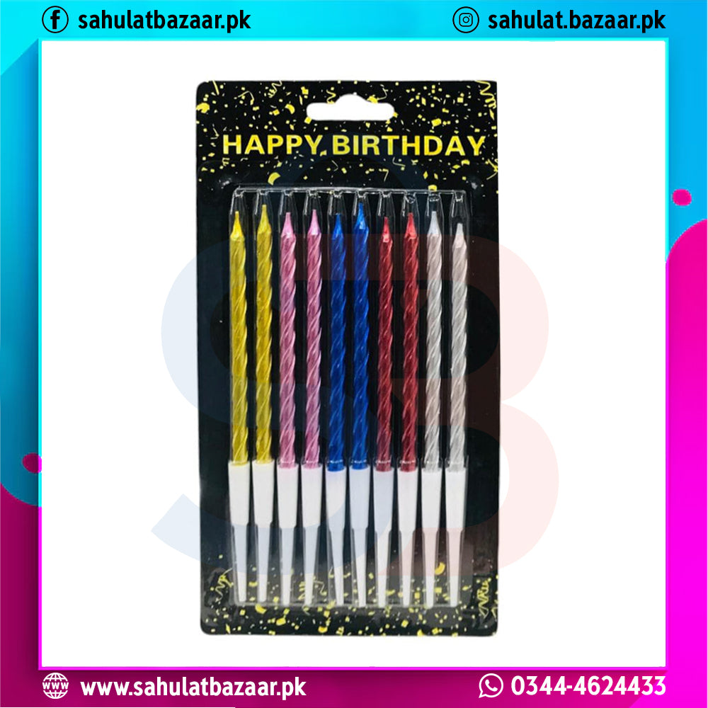 Pack of colorful birthday candles with 'Happy Birthday' text on packaging.