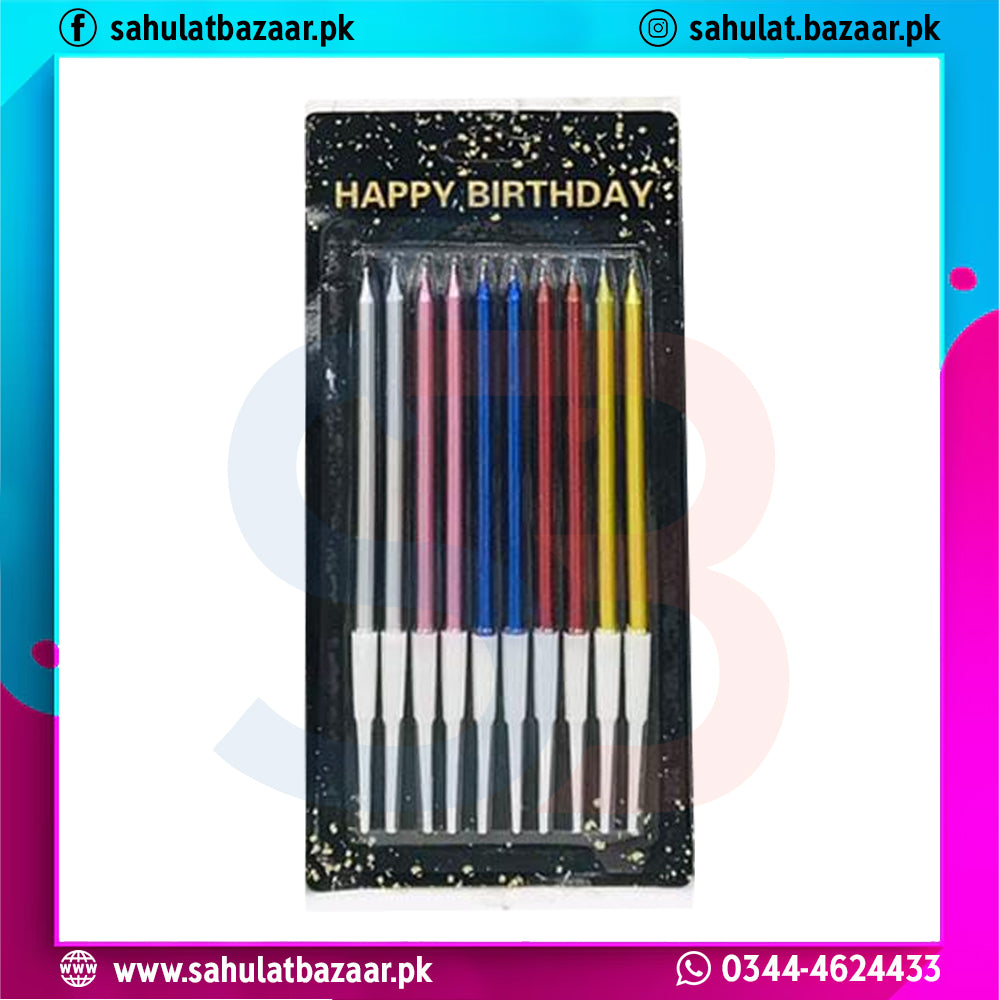 Set of colorful birthday candles in a black packaging with 'Happy Birthday' text.
