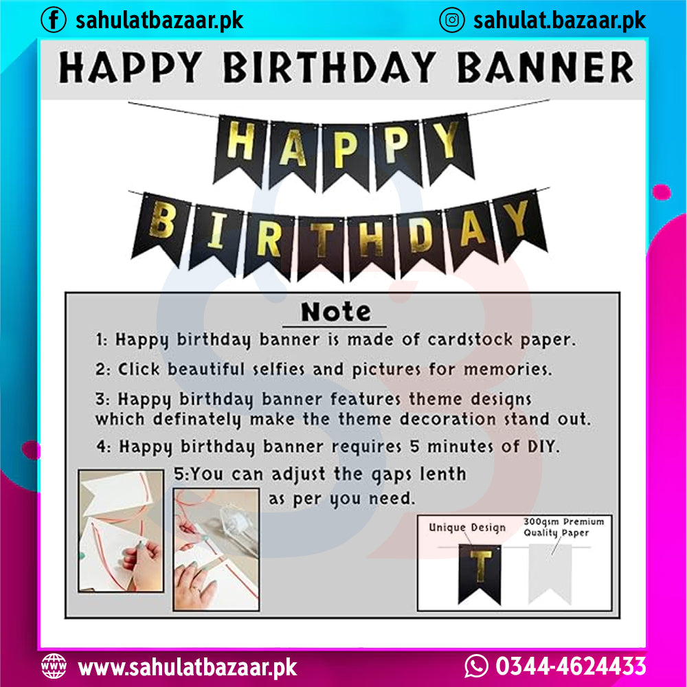 Happy Birthday banner with text and instructions on a colorful background