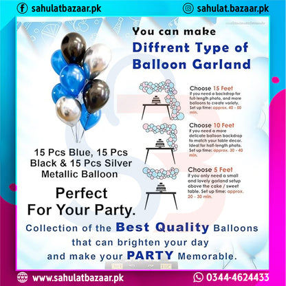 Advertisement for balloon garland with blue, black, and silver balloons on a colorful background.