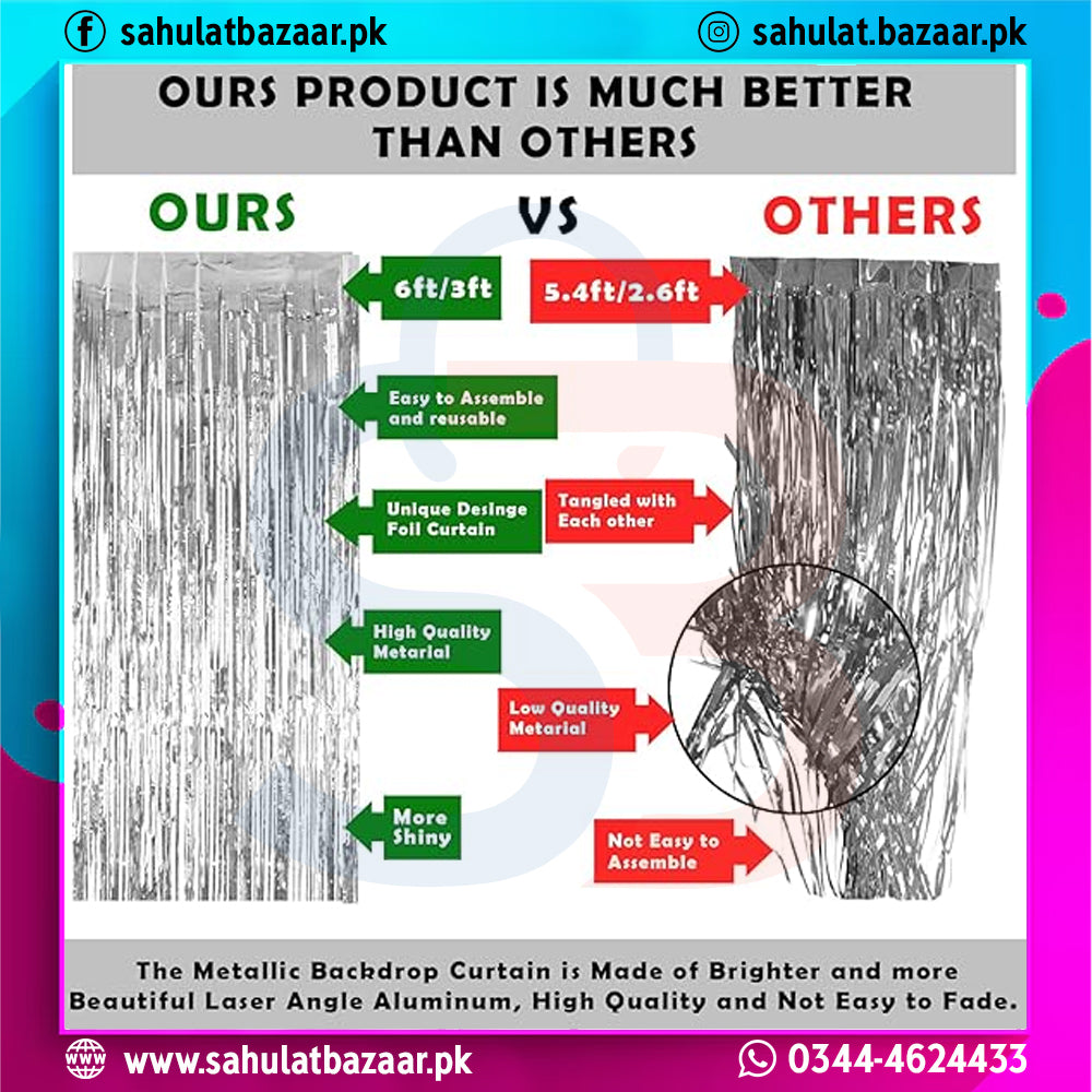 Comparison chart of 'OURS' and 'OTHERS' metallic backdrop curtains with text and icons.