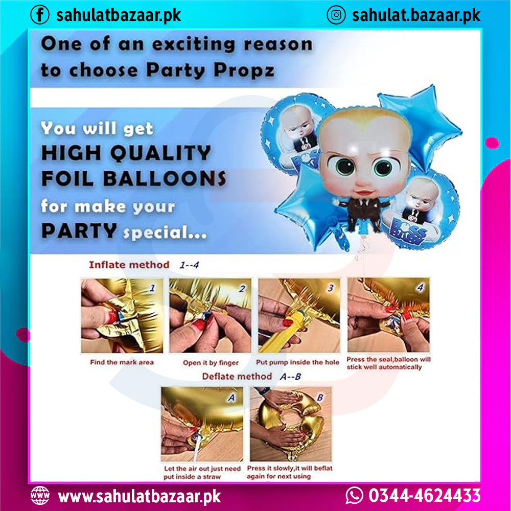 Advertisement for Party Propz foil balloons with balloon and instructions on a colorful background.
