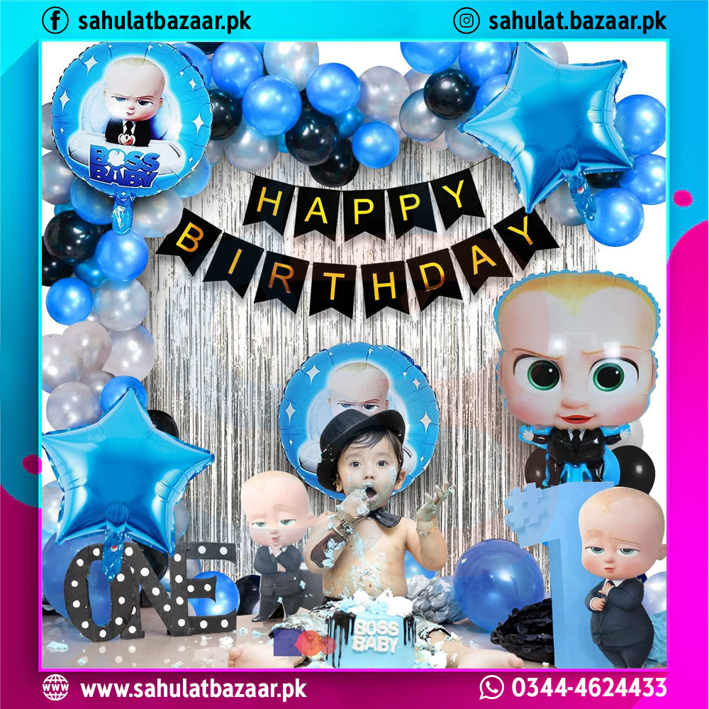 Birthday celebration setup with balloons, decorations, and a 'Happy Birthday' banner.