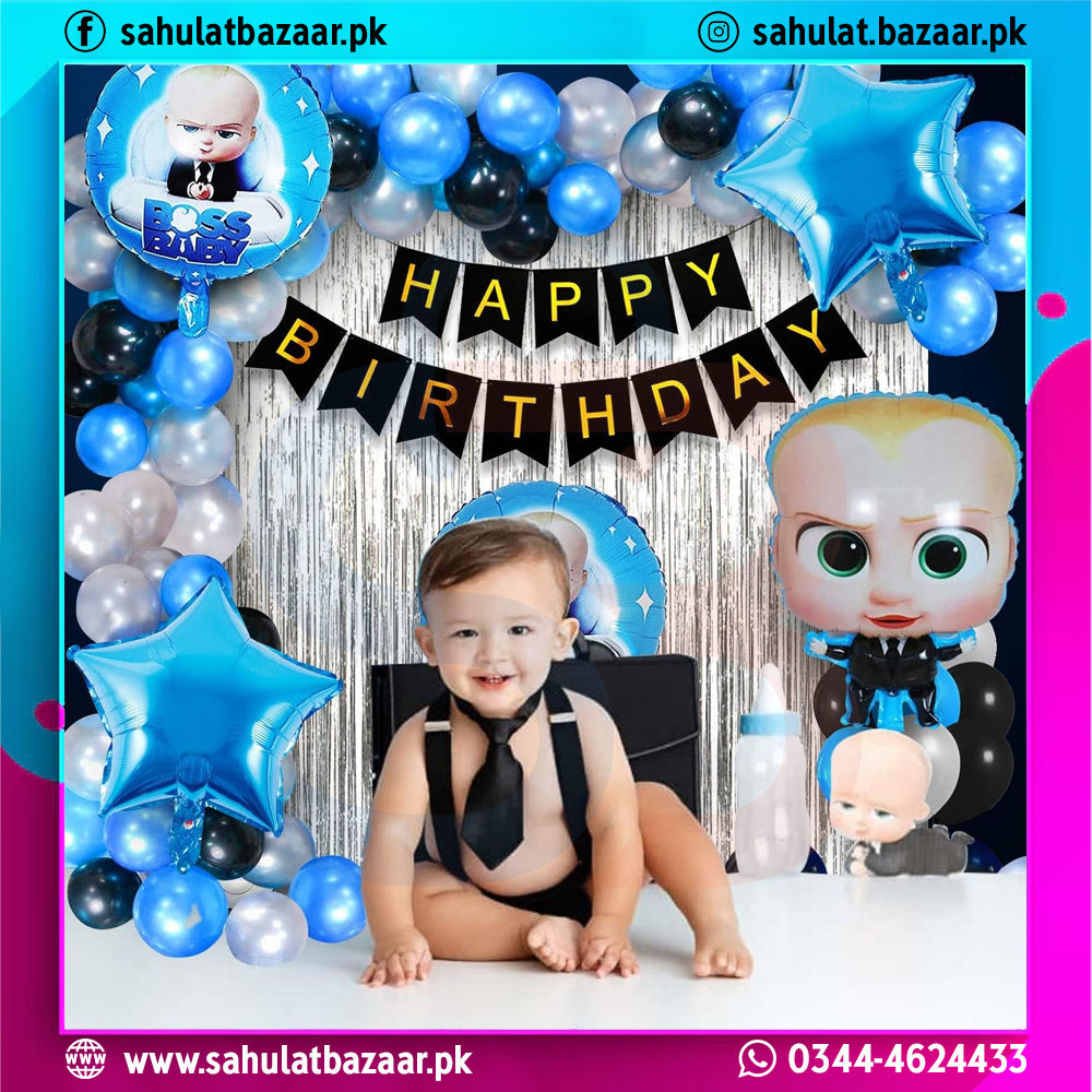 Child in a birthday outfit with balloons and 'Happy Birthday' banner, featuring branding.