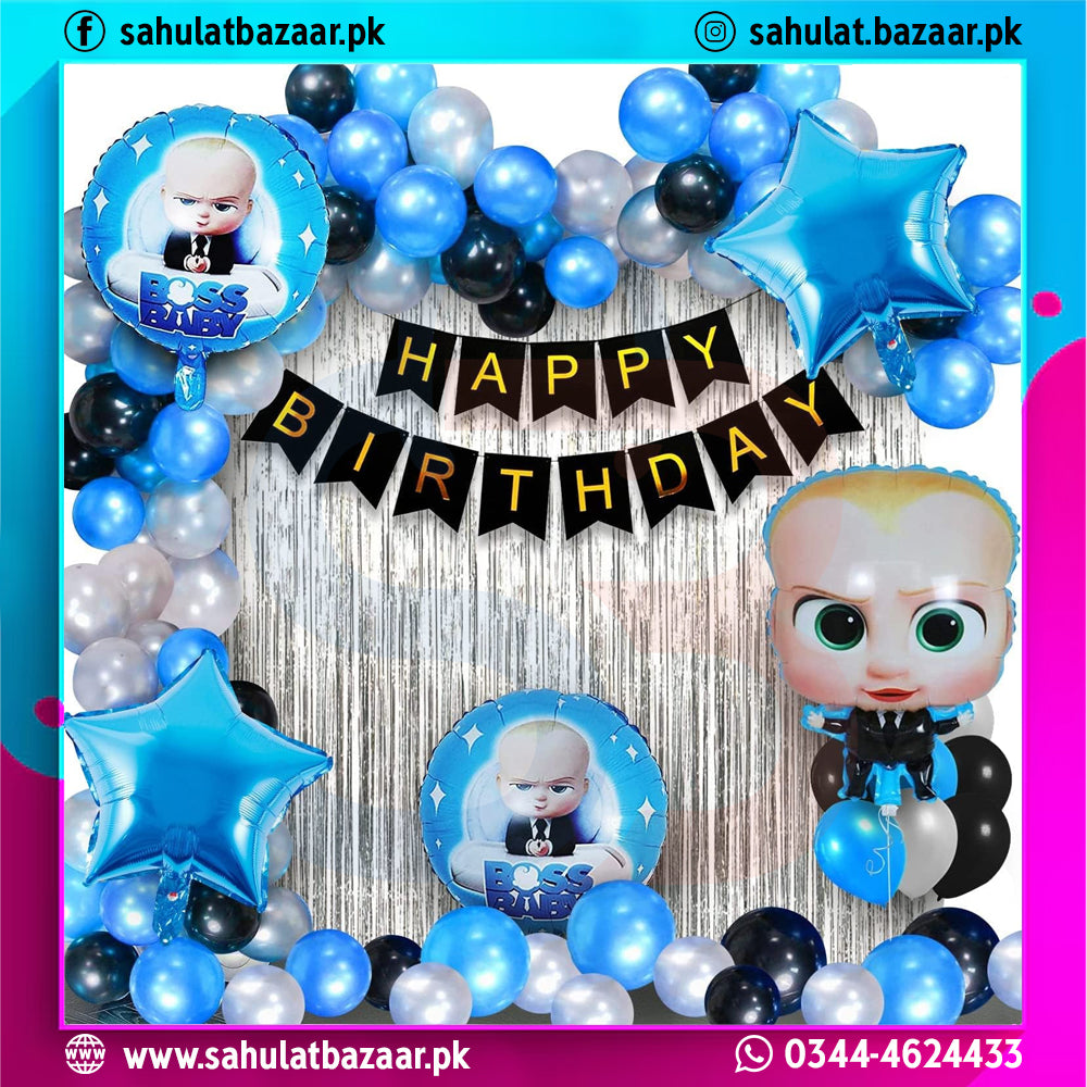 Birthday party setup with balloons, a 'Happy Birthday' banner, and a toy figure on a colorful background.
