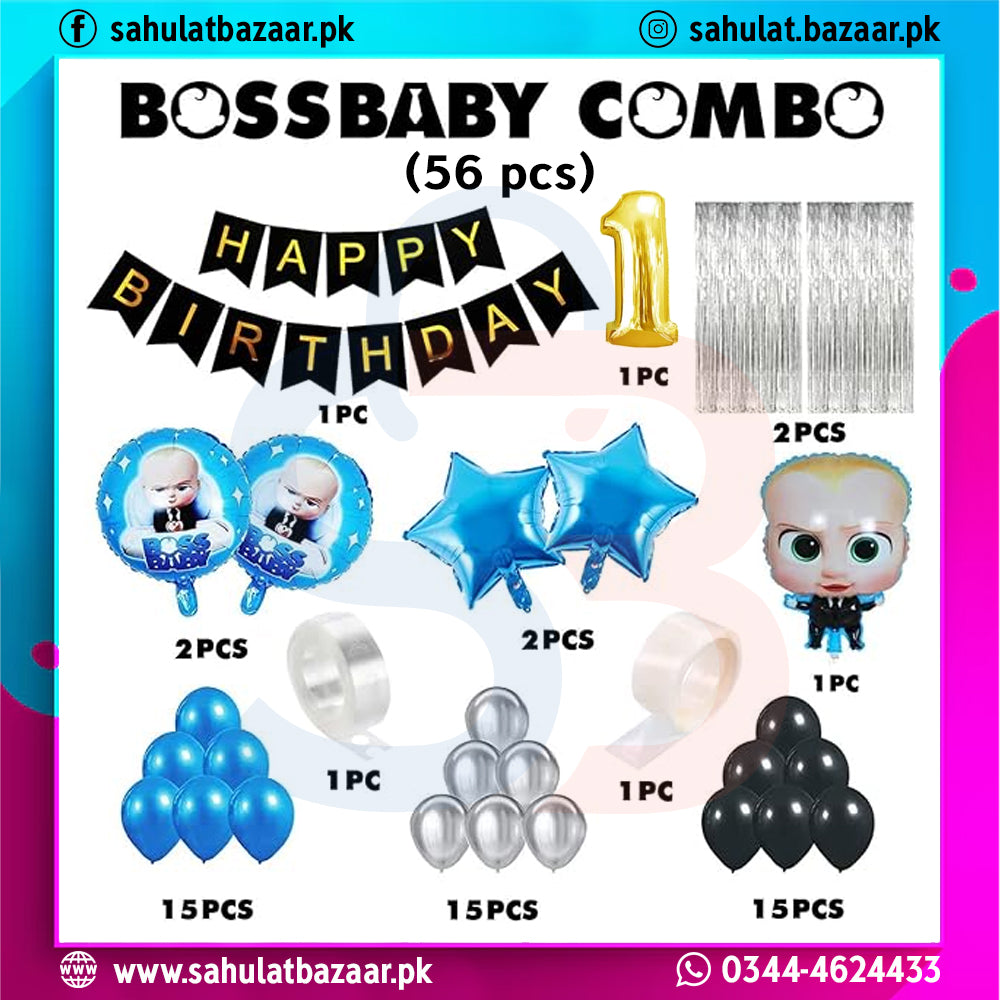 Birthday party supplies set with balloons, banners, and figurines labeled 'Boss Baby Combo' on a colorful background.