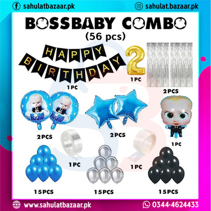 Birthday party supplies set with balloons, banners, and figurines on a colorful background.