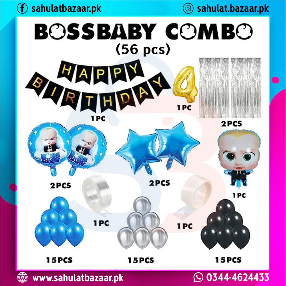 Birthday party supplies set with balloons and decorations for a 4th birthday, featuring 'Boss Baby' theme.