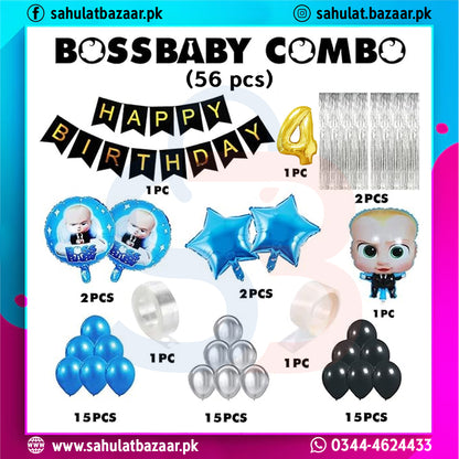 Birthday party supplies set with balloons and decorations for a 4th birthday, featuring 'Boss Baby' theme.