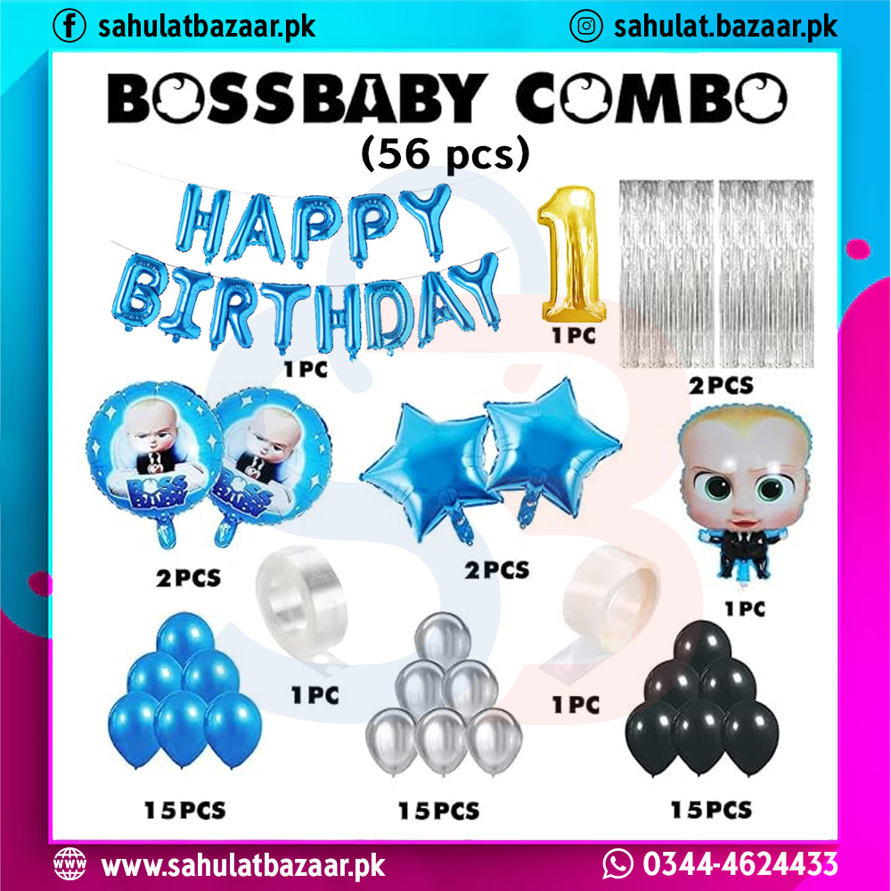 Birthday party supplies set with balloons and decorations labeled 'Boss Baby Combo' on a colorful background.